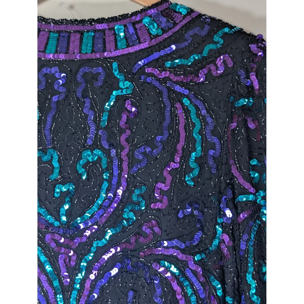 Laurence Kazar Vintage Sequin Beaded Jacket Purple Teal Black Open‎ Front Blazer
